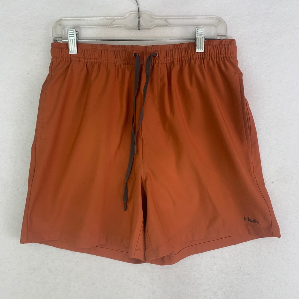 Huk Pursuit Volley Short Mens M Burnt Orange 5.5" Fishing Lined Swim Trunks